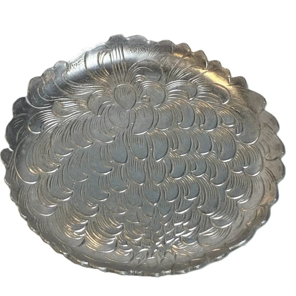 Vintage Floral Metal‎ Coaster Set Holder Tray Embossed Aluminum Shabby Chic